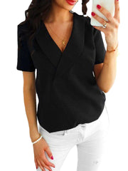 Women Solid Color Lapel Short Sleeve Deisgn Blouses