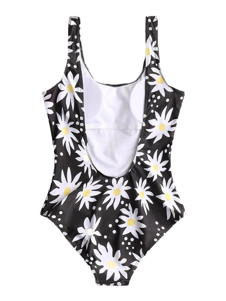 Women Daisy Floral Print Backless One Piece Black Swimwear