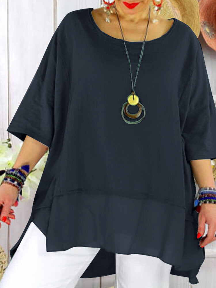 Cotton Solid Patchwork High-Low Hem Split Casual Blouse