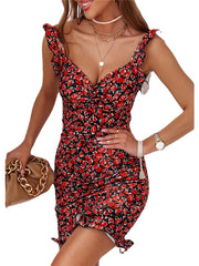 Women's Bodycon Sheath Dress Mini Dress Black Red Khaki Sleeveless Floral Ruffle Spring Summer V Neck Stylish Loose Fit