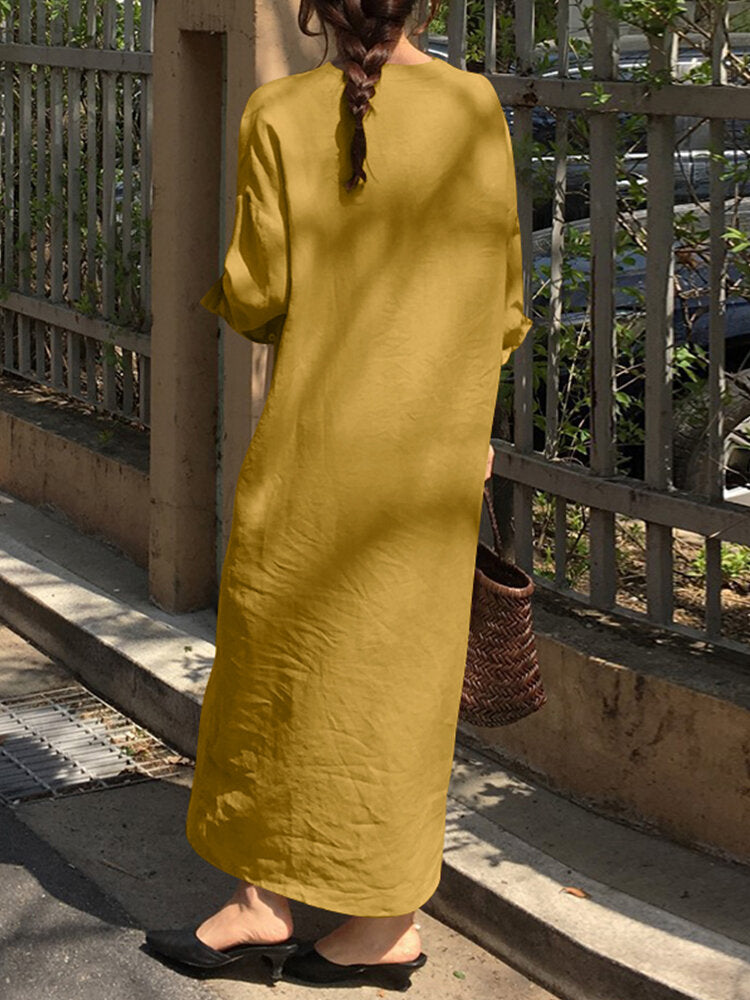 Solid Color Long Sleeve V-neck Loose Cotton Maxi Dress