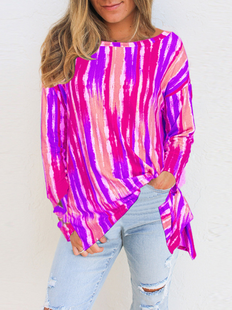 Women Watercolor Stripes Print O-neck Long Sleeve Blouses