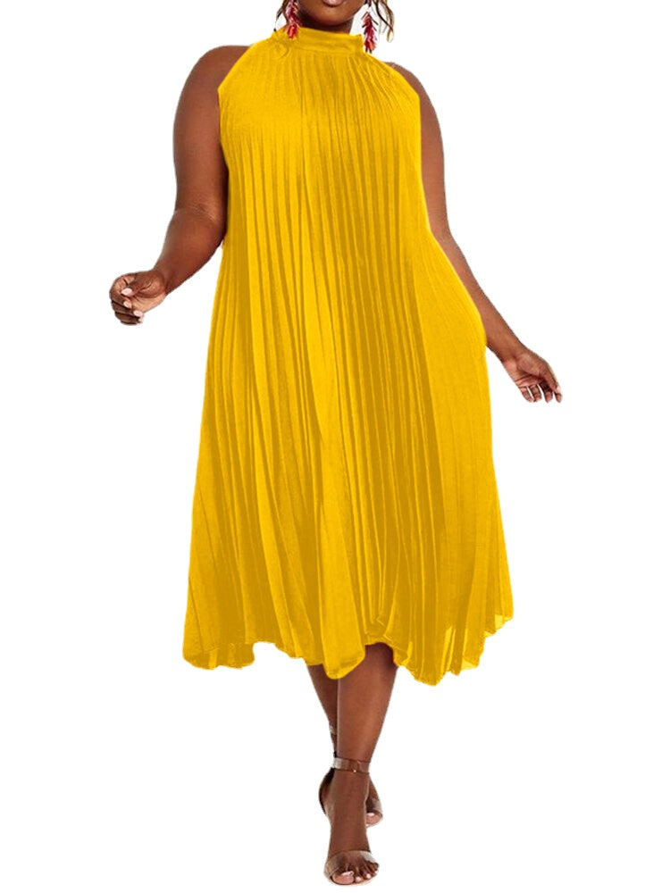 Solid Holiday Sleeveless Pleating Plus Size Dress for Women