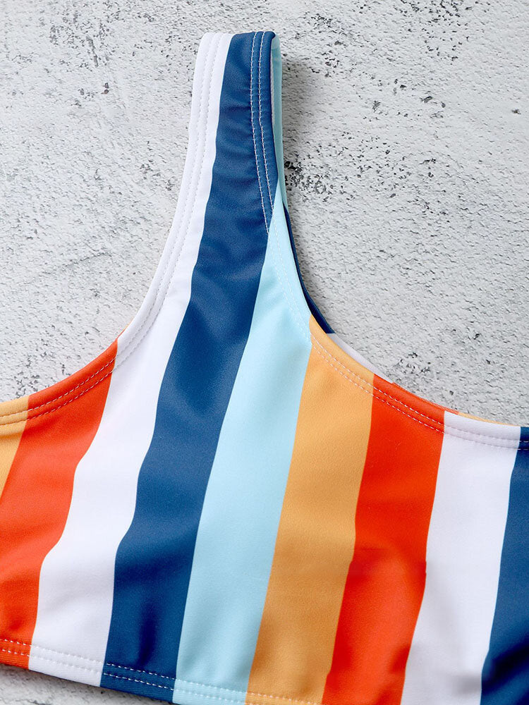 Women Colorful Stripe Wide Straps Top High Waisted Bikinis Swimsuit