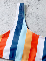 Women Colorful Stripe Wide Straps Top High Waisted Bikinis Swimsuit