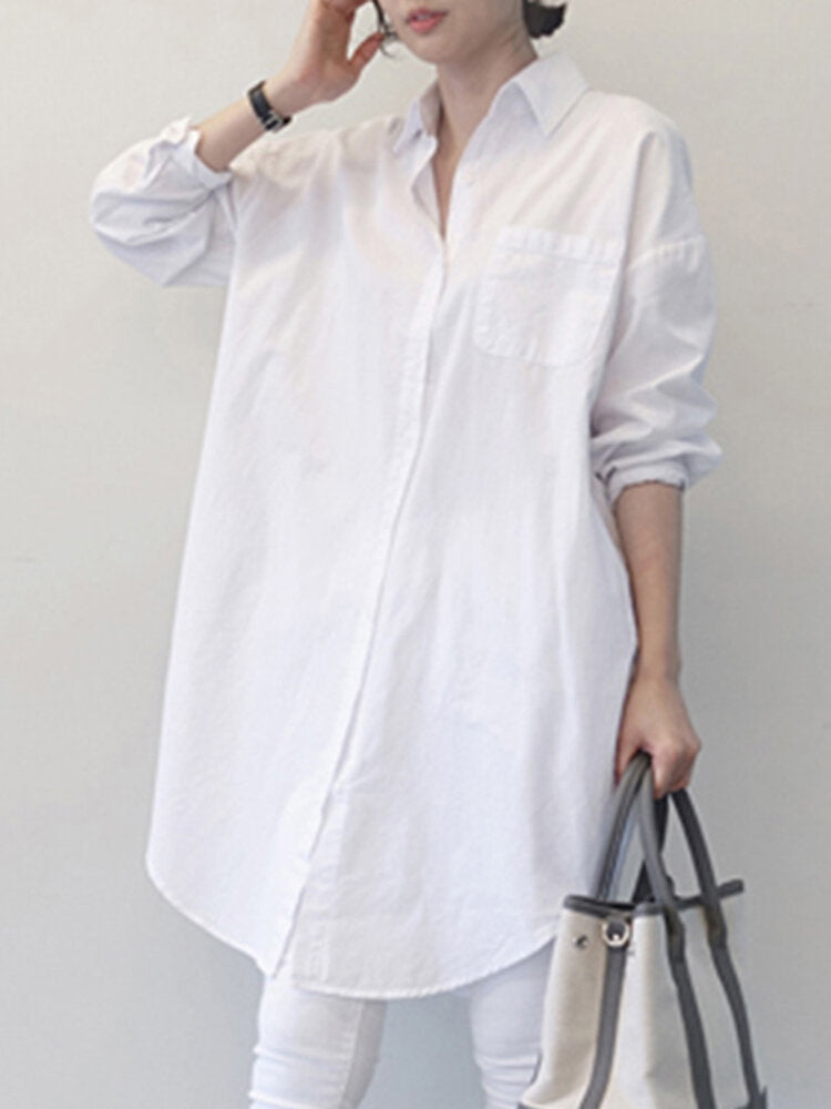 Women Pure Color Lapel Chest Pocket Loose Casual Long Sleeve Shirts