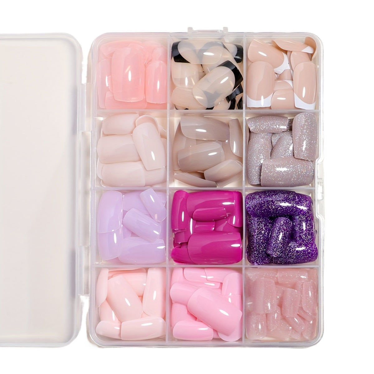 12-Pack Glossy Glitter Press-On Nails – 288 pcs Full Cover Square Acrylic Fake Nails in 12 Colors