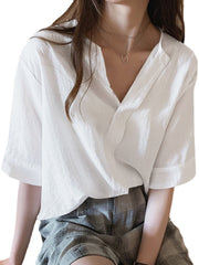 Solid V-neck Half Sleeve Button Blouse For Women
