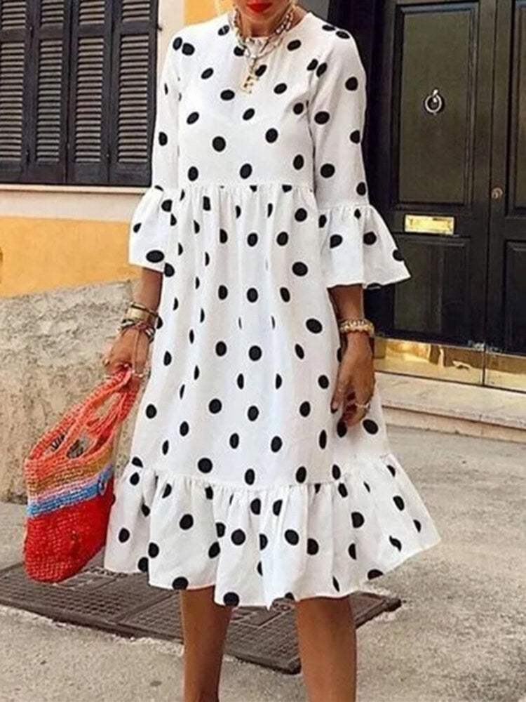 Women Polka Dot Print Pleating Casual Dress