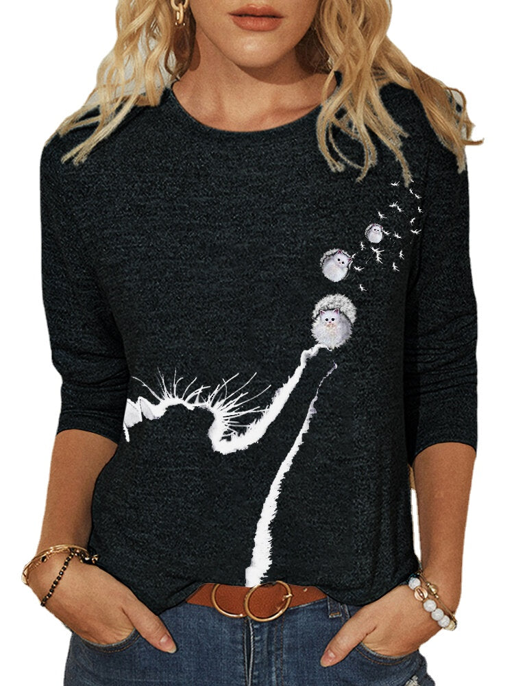 Women Flowers Cats Print O-Neck Long Sleeve Casual T-Shirt