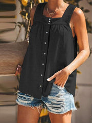 Solid Color Button Loose Pleated Tank Tops For Women