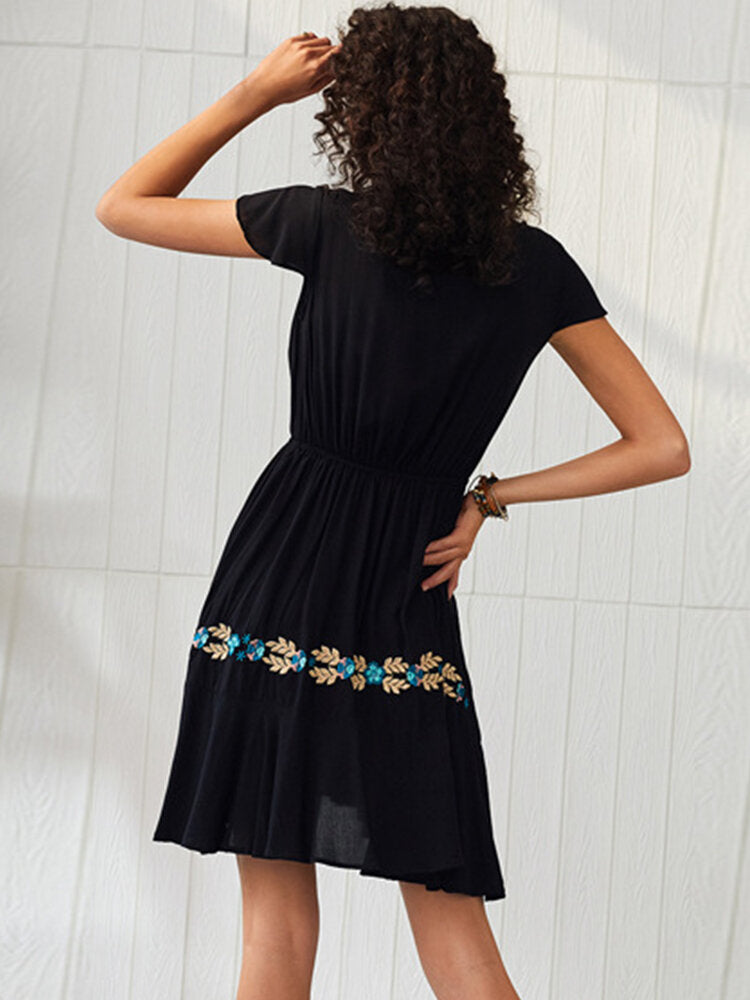 Women Floral Embroidered Bandage V-Neck Bohemian Ethnic Slim Dress