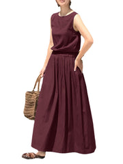 Leisure Solid Elastic Waist Pocket Sleeveless Maxi Dress