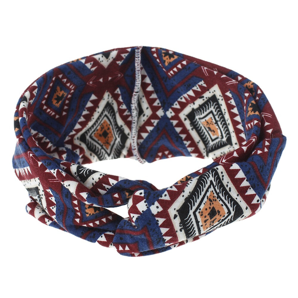Women Bohemian Style Diamond Lattice Pattern Casual Outdoor Headdress Elastic Cross Tie Wide Brim Headband