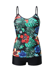 Women Tropical Leaves Pattern Wireless Padded V Neck Bikinis Swimsuits