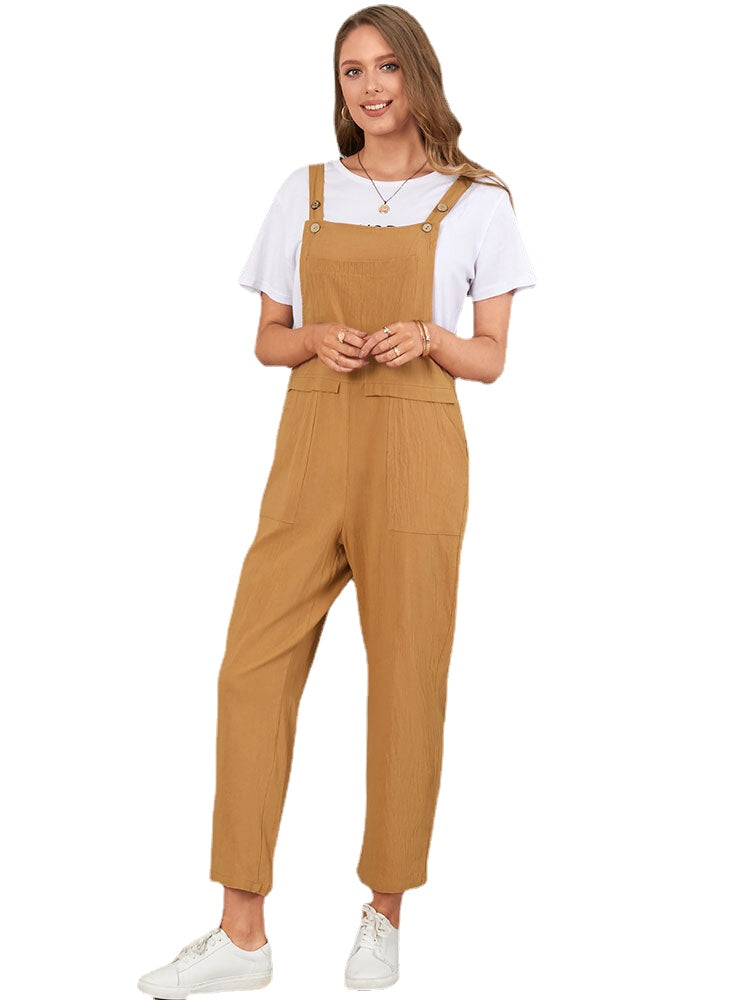 Solid Pocket Sleeveless Button Casual Jumpsuit For Women
