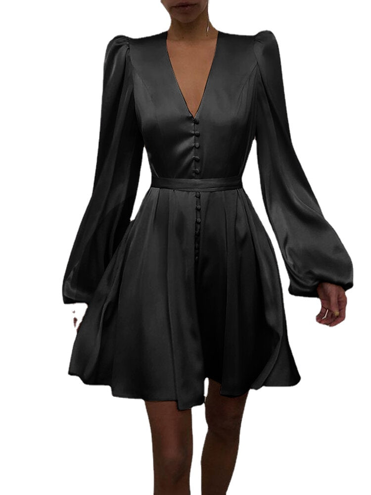 Luster V-Neck Buttons Long Sleeve Casual Dress For Women