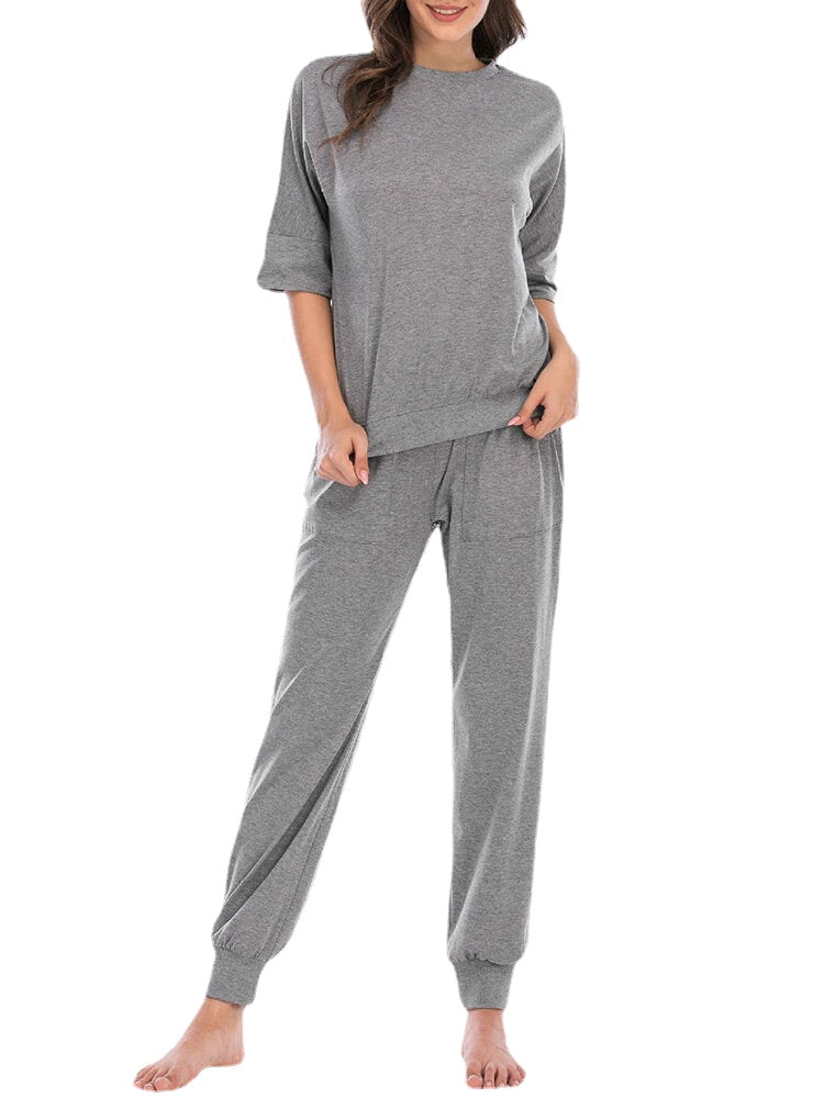 Women Solid Color Comfy Casual 3/4 Sleeve Top & Long Panty Pajama Sets