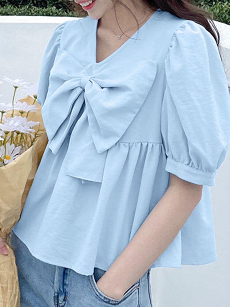 Solid Bowknot Puff Sleeve Casual V Neck Blouse