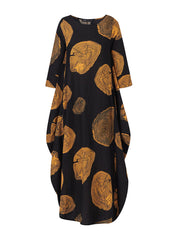 Women Retro Cotton Print 3/4 Sleeve Loose Baggy Casual Maxi Dresses With Pocket