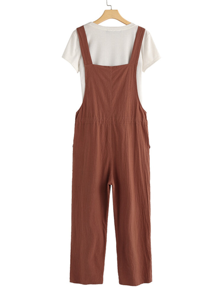 Women 100% Cotton Solid Color Ankle Length Side Pockets Jumpsuit