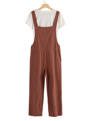 Women 100% Cotton Solid Color Ankle Length Side Pockets Jumpsuit