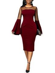 Women Solid Color Stitching Bell Sleeve Party Bodycon Midi Dress