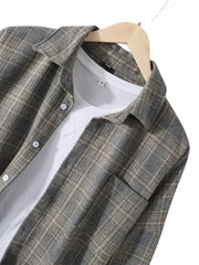 Mens Cotton Plaid Lapel Drop Shoulder Relaxed Fit Overshirt With Pocket