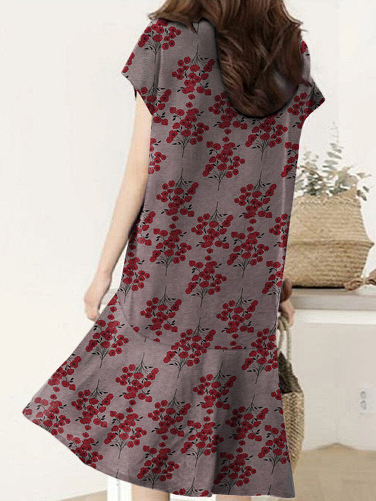 Floral Print Ruffle V Neck Cap Sleeve Midi Dress For Women