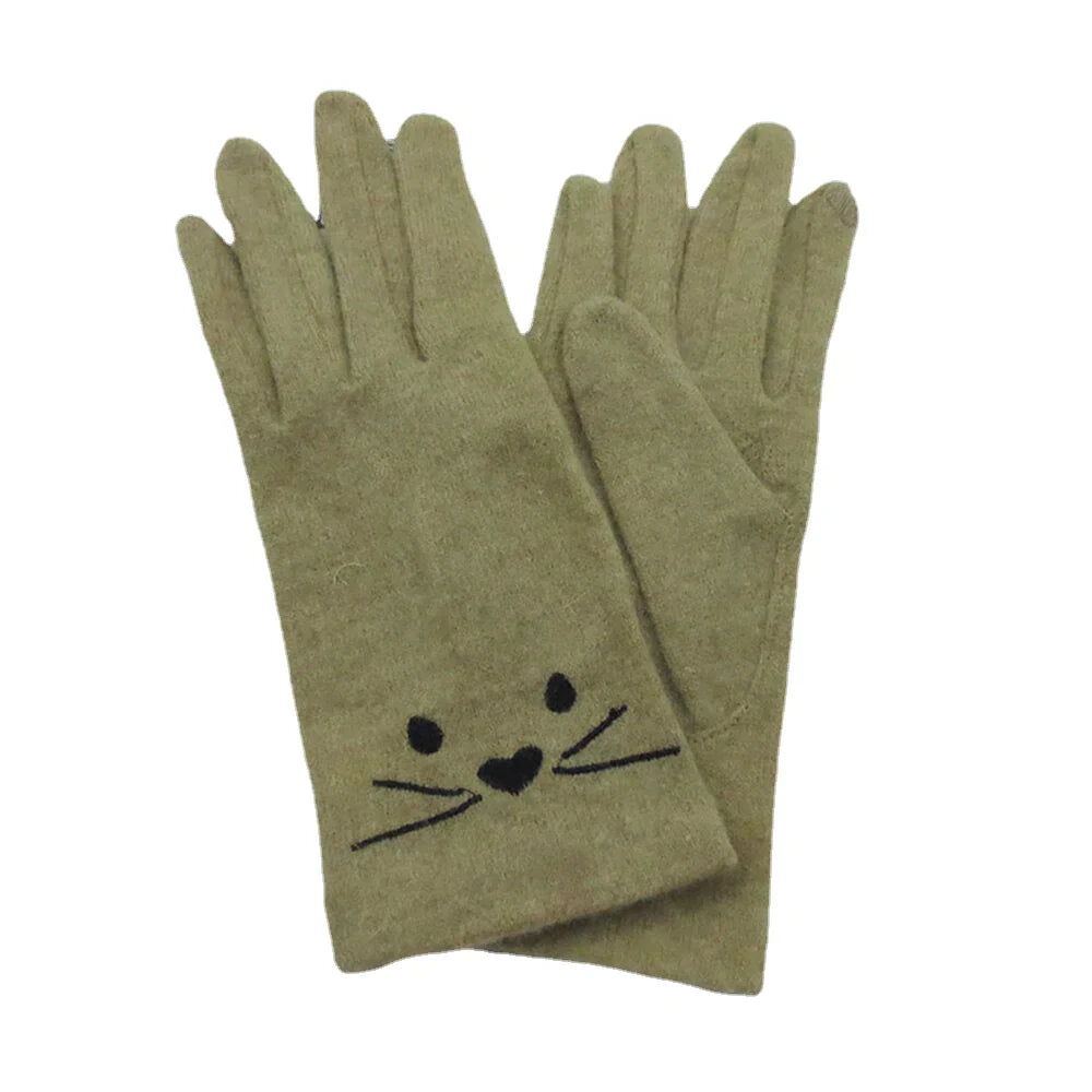 Women Wool Screen-touchable Embroidery Cartoon Cat Pattern Keep Warm Fashion Casual Gloves