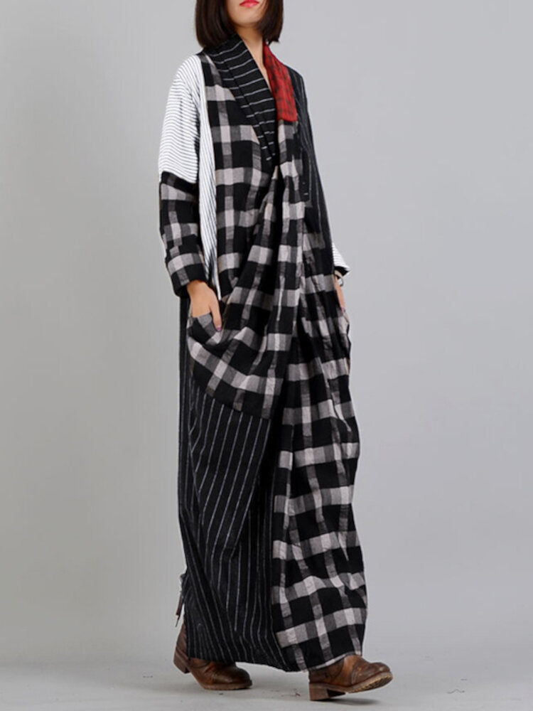 Women Stitching Design Plaid Pattern Striped Patchwork Color Block Midi Dresses