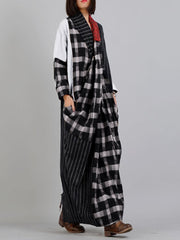 Women Stitching Design Plaid Pattern Striped Patchwork Color Block Midi Dresses