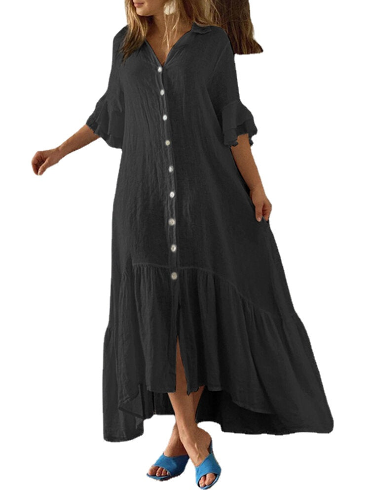 Solid Pleating Leisure Europe Casual Maxi Dress For Women