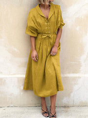 Women Casual Lapel Corn-strap Lantern Sleeve Mustard Yellow Maxi Dress