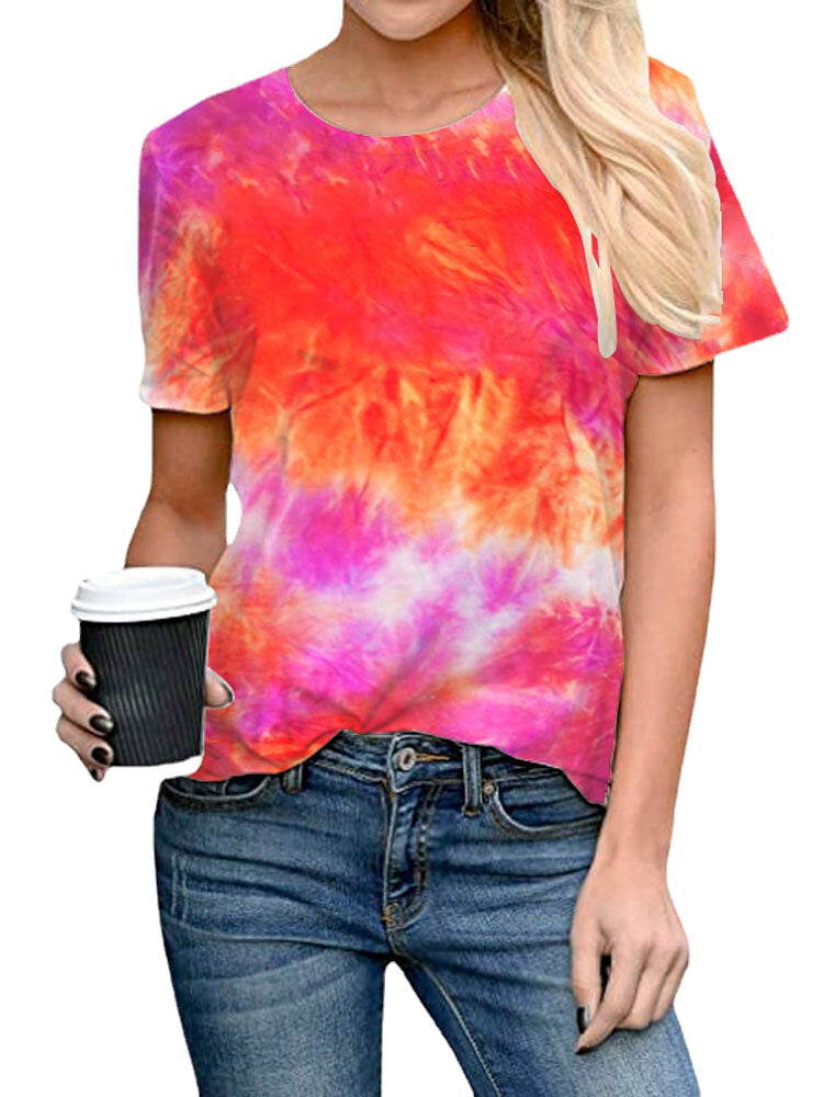 Tie-dye Print Round Neck Short Sleeve Loose Casual T-shirts Women