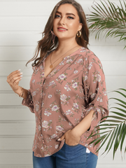 Women V-Neck Floral Print Long Sleeve Plus Size Blouse