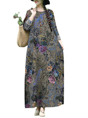 Plant Flower Print Round Neck Long Sleeve Casual Maxi Dress