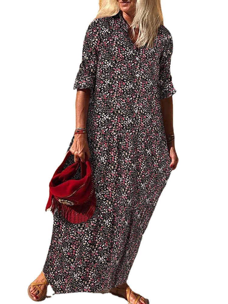 Vintage Floral Print Lapel Pleats Long Sleeve Bohemian Shirt Maxi Dress For Women