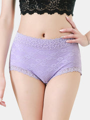 Women Solid Color Lace Full Hip High Waist Panties