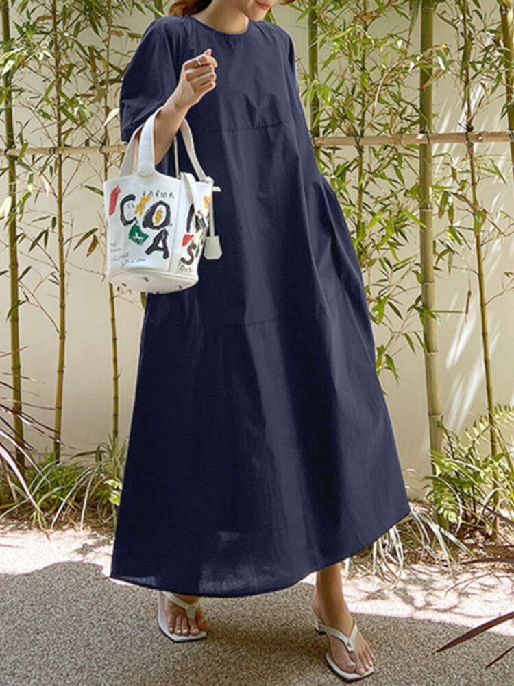 Solid Color O-neck Puff Sleeve Plain Casual Side Pocket Holiday Maxi Dress