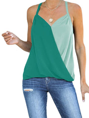 Women Casual Wrap Design Patchwork V-neck Sleeveless Tank Top