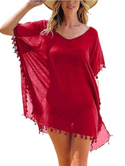 Women Solid Color Translucent Tassel V-Neck Sun Protection Cover Ups