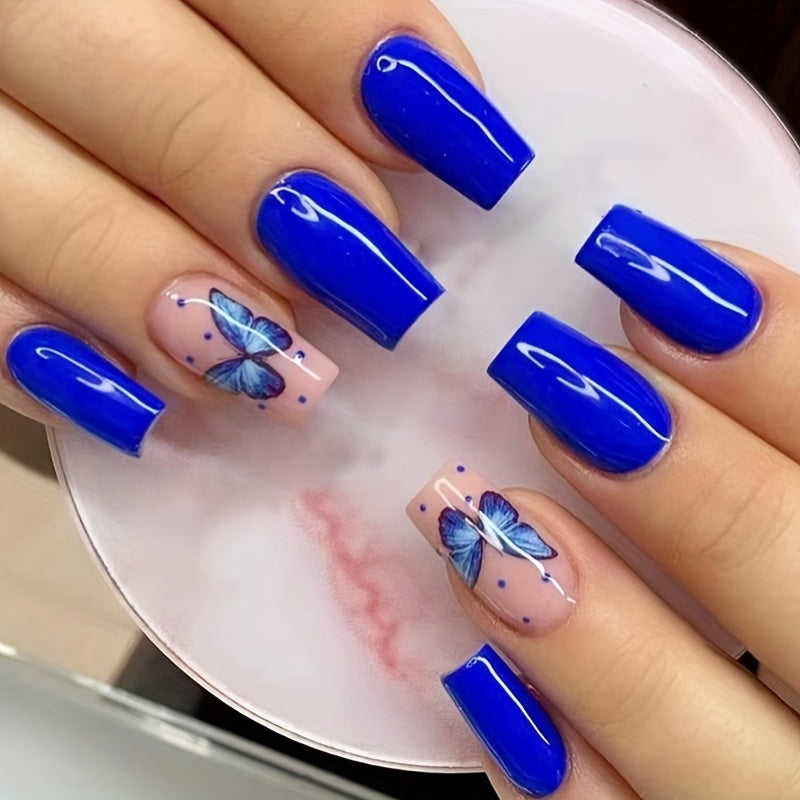 24pcs Dark Blue Butterfly Bliss - Medium Pink Glossy Press On Nails with Butterfly & Polka Dot Design - Full Cover Square Fake Nails for Women & Girls