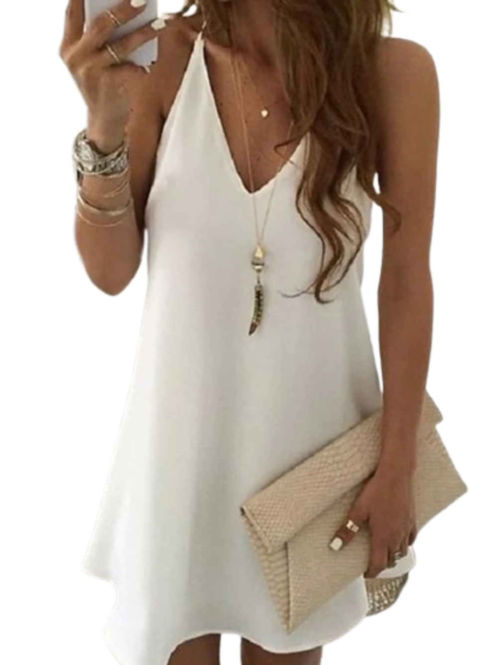 Pure Color Sleeveless V Neck Casual Slim Strap Dress For Womens