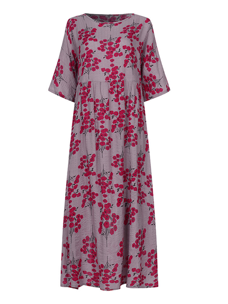 Women 3/4 Sleeve O-neck Floral Maxi Dress