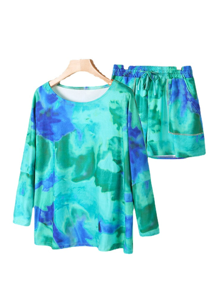 Tie Dye Women Long Sleeve Drawstring Pocket Shorts Casual Home Two-piece Set