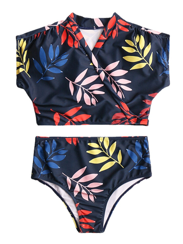 Women Tropical Leaves Print Swimsuit String Short Sleeve High Waist Bikini