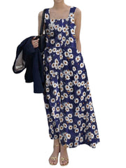 Flower Print Ruched Pocket Square Collar Sleeveless Midi Dress