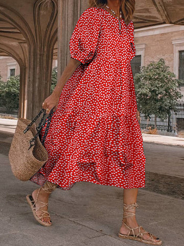 Casual Loose Floral Print O-neck Puff Sleeve Pleated A-line Maxi Dress