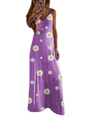 Women Summer Daisy Print Sleeveless Sling Holiday Maxi Dress